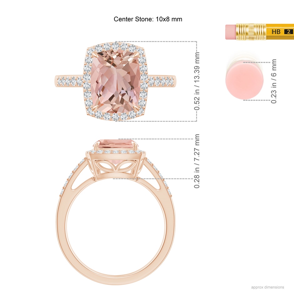 10x8mm AAAA Rectangular Cushion Morganite Halo Engagement Ring in Rose Gold ruler