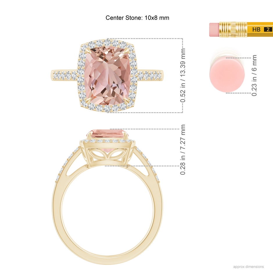10x8mm AAAA Rectangular Cushion Morganite Halo Engagement Ring in Yellow Gold ruler