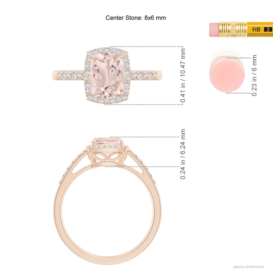 8x6mm A Rectangular Cushion Morganite Halo Engagement Ring in Rose Gold ruler