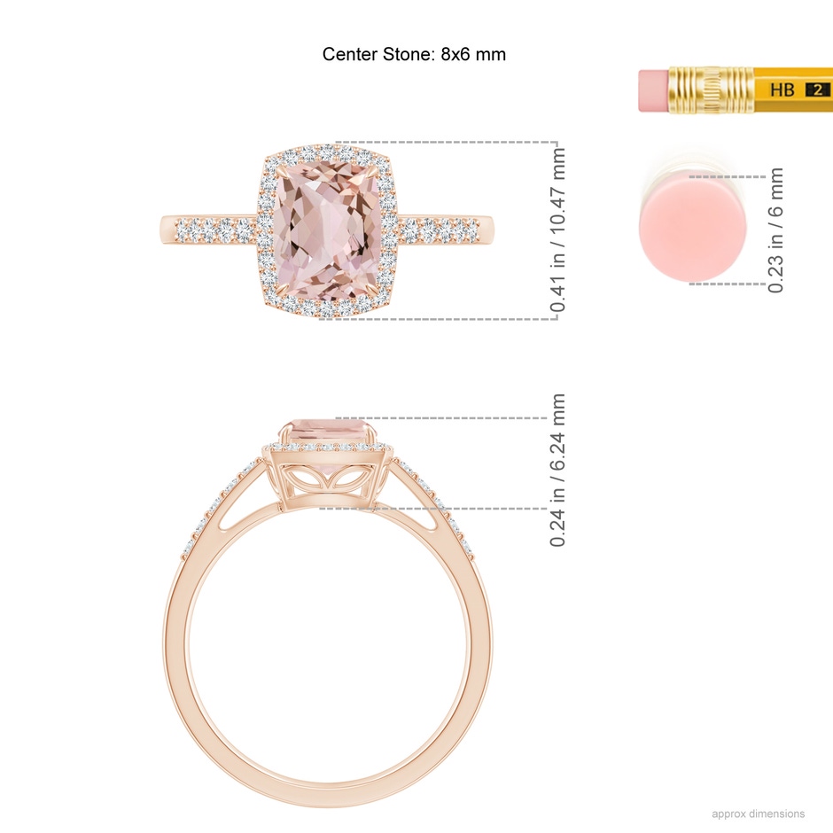 8x6mm AA Rectangular Cushion Morganite Halo Engagement Ring in 9K Rose Gold ruler
