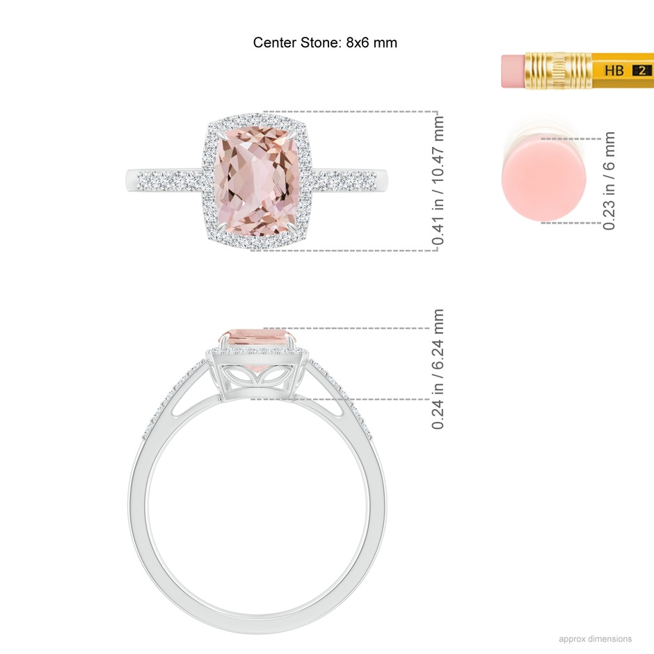 8x6mm AA Rectangular Cushion Morganite Halo Engagement Ring in White Gold ruler