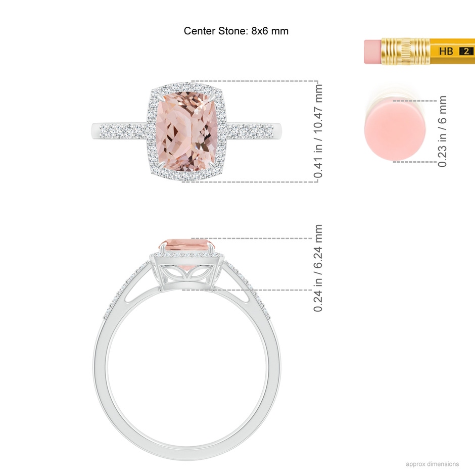8x6mm AAA Rectangular Cushion Morganite Halo Engagement Ring in White Gold ruler