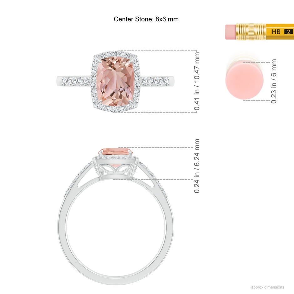 8x6mm AAAA Rectangular Cushion Morganite Halo Engagement Ring in White Gold ruler