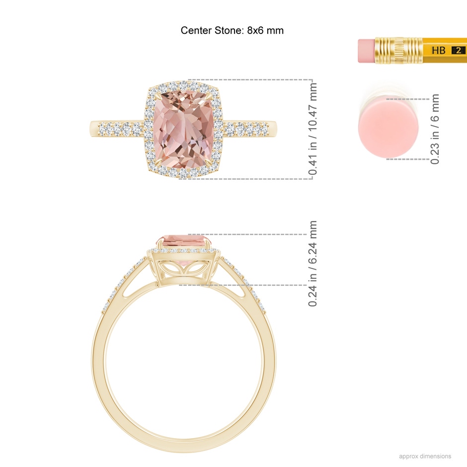 8x6mm AAAA Rectangular Cushion Morganite Halo Engagement Ring in Yellow Gold ruler