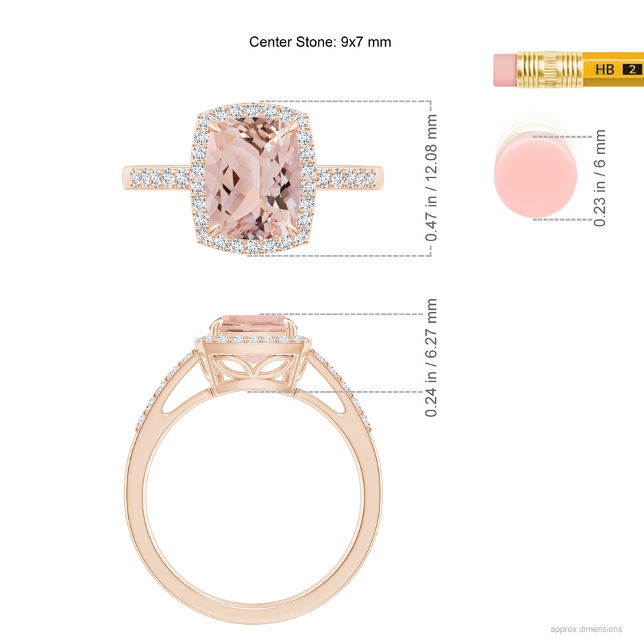 9x7mm AAA Rectangular Cushion Morganite Halo Engagement Ring in 9K Rose Gold ruler