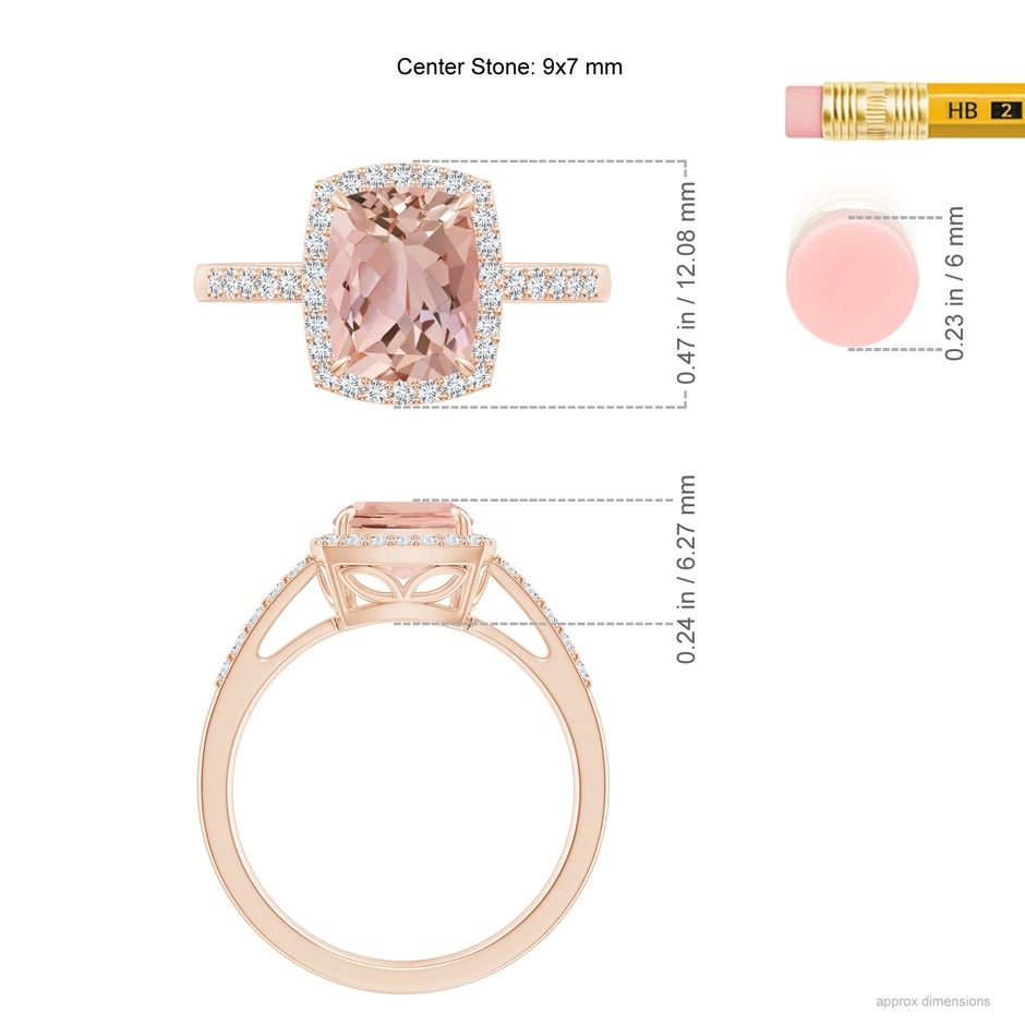 9x7mm AAAA Rectangular Cushion Morganite Halo Engagement Ring in Rose Gold ruler