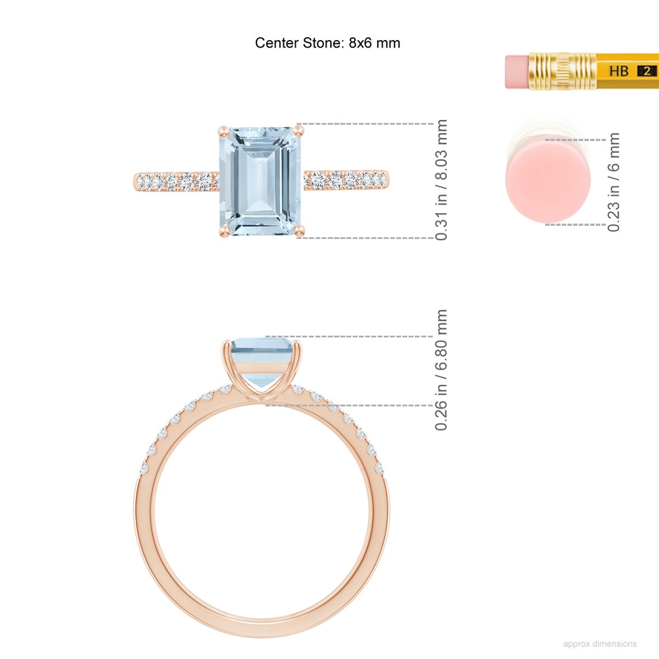 8x6mm A Emerald-Cut Aquamarine Engagement Ring with Diamonds in Rose Gold ruler