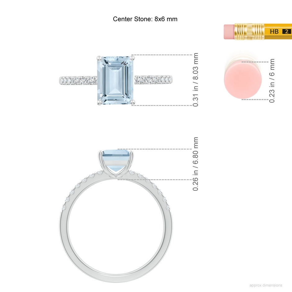 8x6mm A Emerald-Cut Aquamarine Engagement Ring with Diamonds in White Gold ruler
