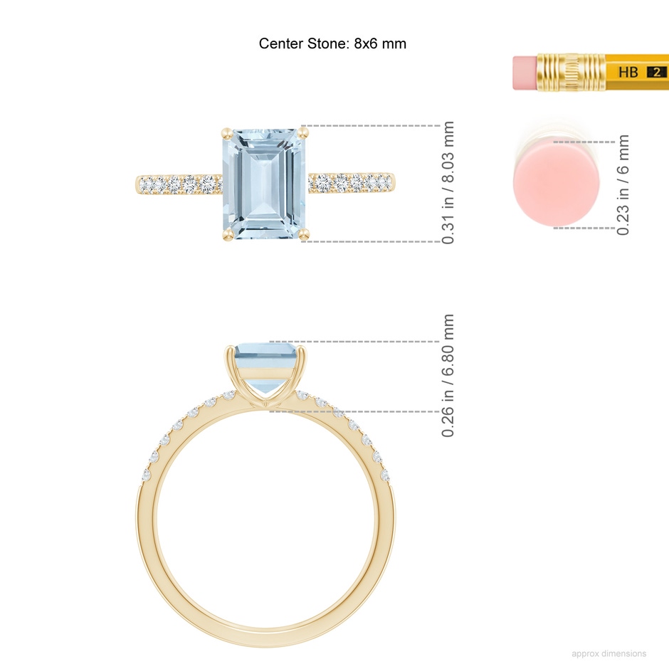 8x6mm A Emerald-Cut Aquamarine Engagement Ring with Diamonds in Yellow Gold ruler