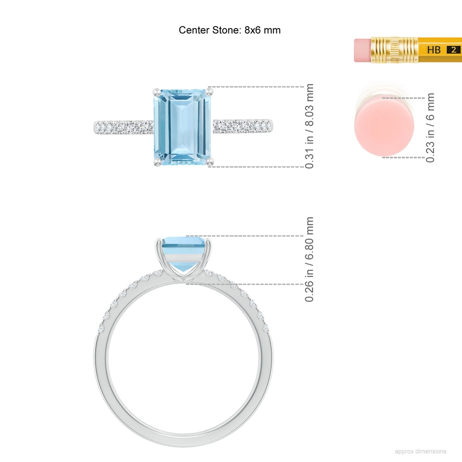 8x6mm AAA Emerald-Cut Aquamarine Engagement Ring with Diamonds in P950 Platinum ruler