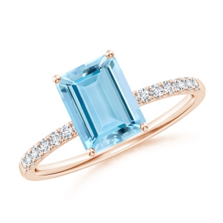 8x6mm AAAA Emerald-Cut Aquamarine Engagement Ring with Diamonds in 10K Rose Gold