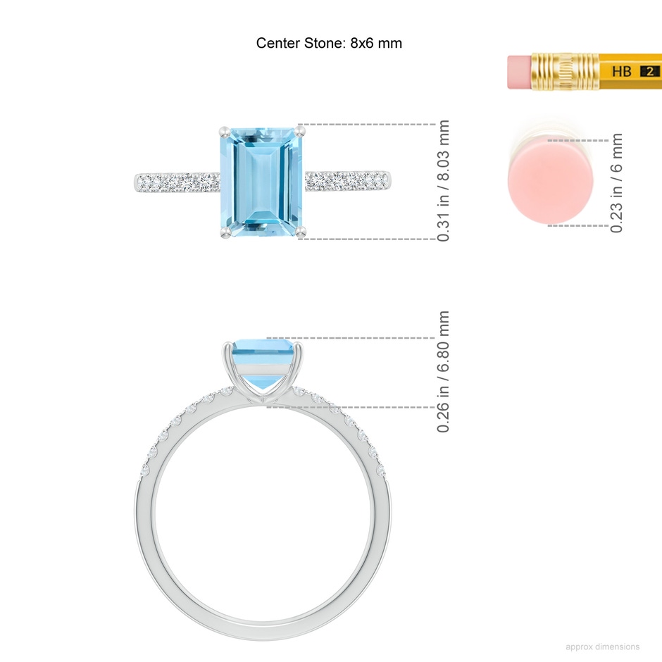 8x6mm AAAA Emerald-Cut Aquamarine Engagement Ring with Diamonds in P950 Platinum ruler