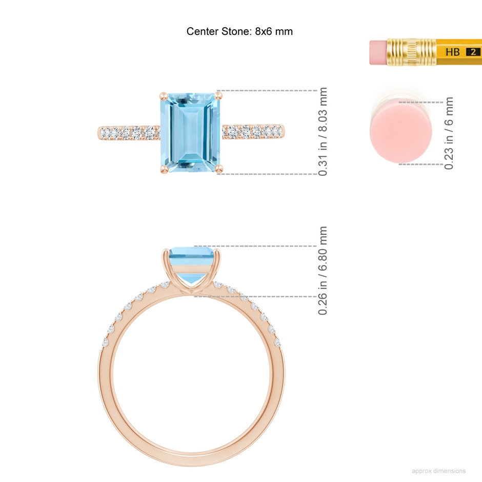 8x6mm AAAA Emerald-Cut Aquamarine Engagement Ring with Diamonds in Rose Gold ruler