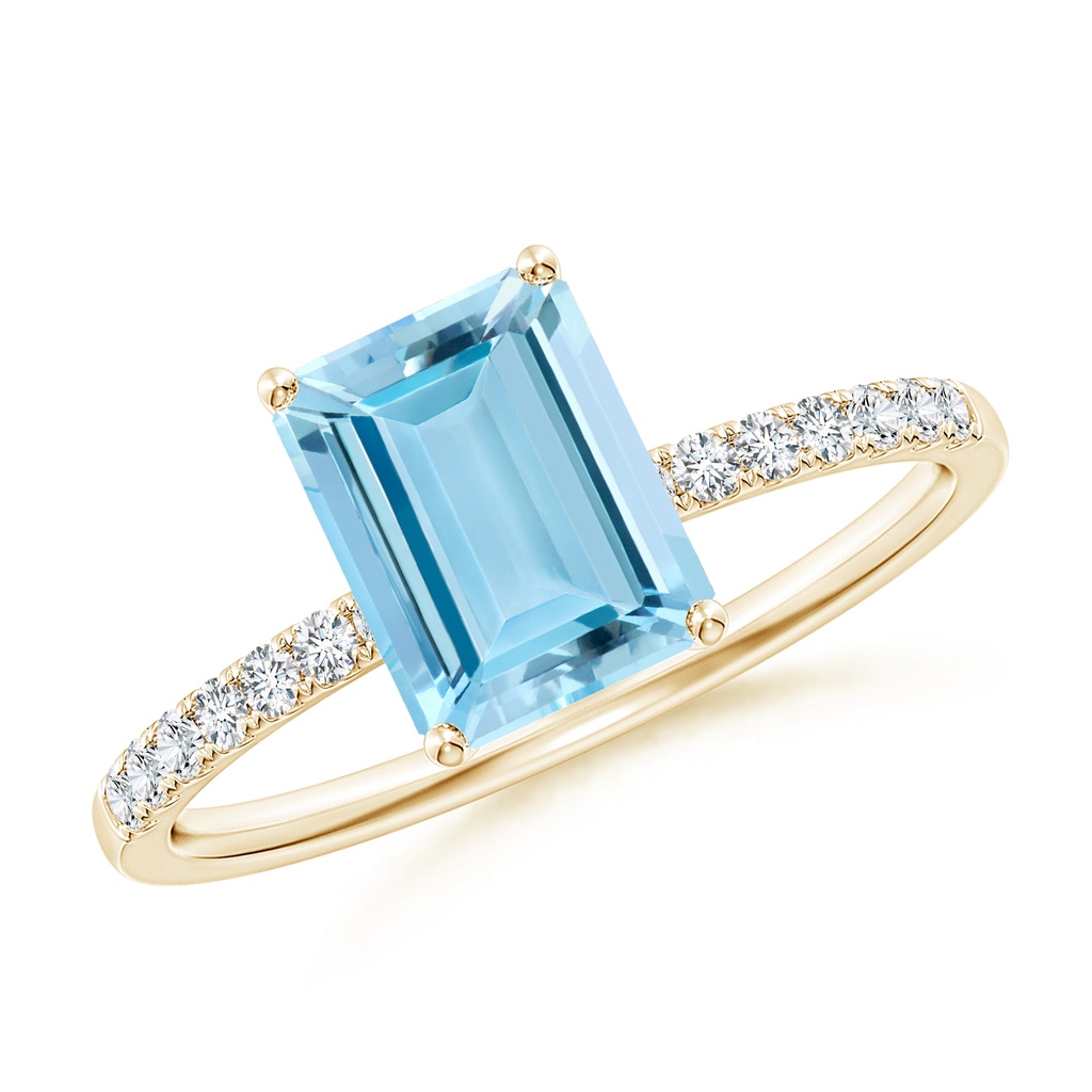 8x6mm AAAA Emerald-Cut Aquamarine Engagement Ring with Diamonds in Yellow Gold