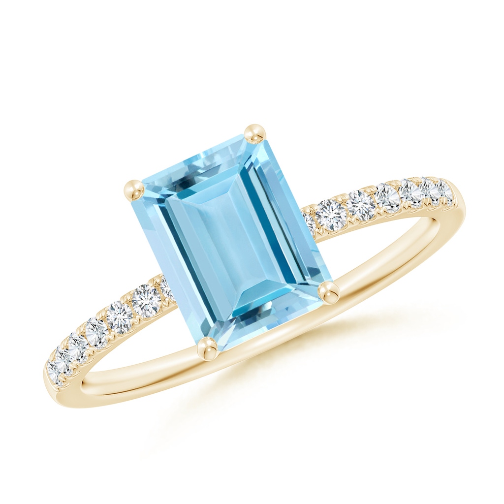 8x6mm AAAA Emerald-Cut Aquamarine Engagement Ring with Diamonds in Yellow Gold