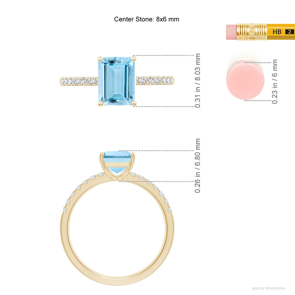 8x6mm AAAA Emerald-Cut Aquamarine Engagement Ring with Diamonds in Yellow Gold ruler