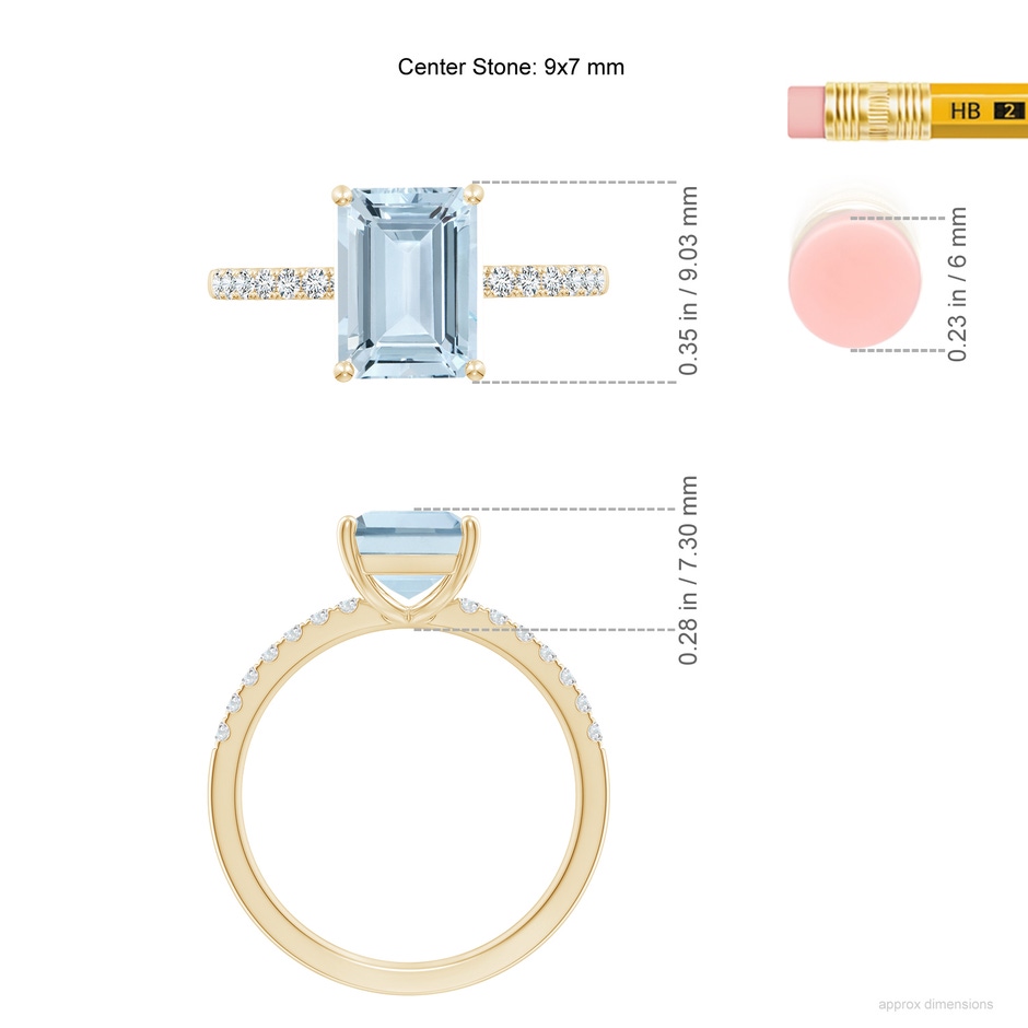9x7mm A Emerald-Cut Aquamarine Engagement Ring with Diamonds in 10K Yellow Gold ruler