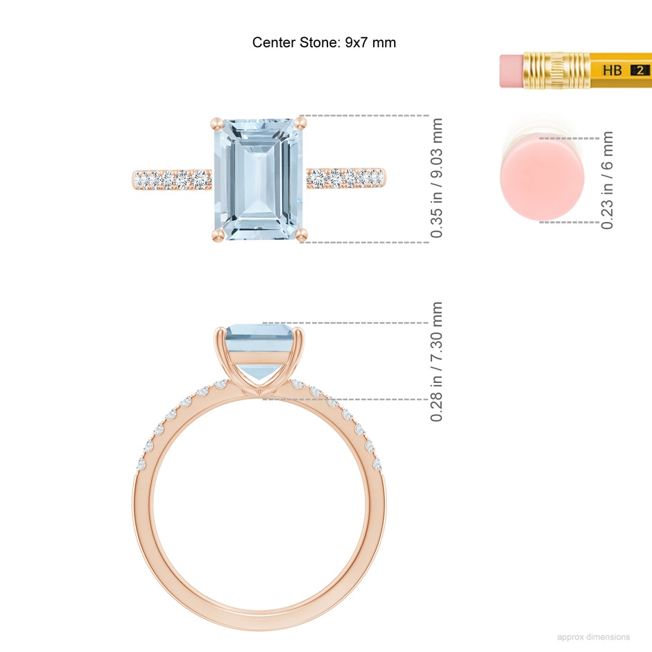 9x7mm A Emerald-Cut Aquamarine Engagement Ring with Diamonds in Rose Gold ruler