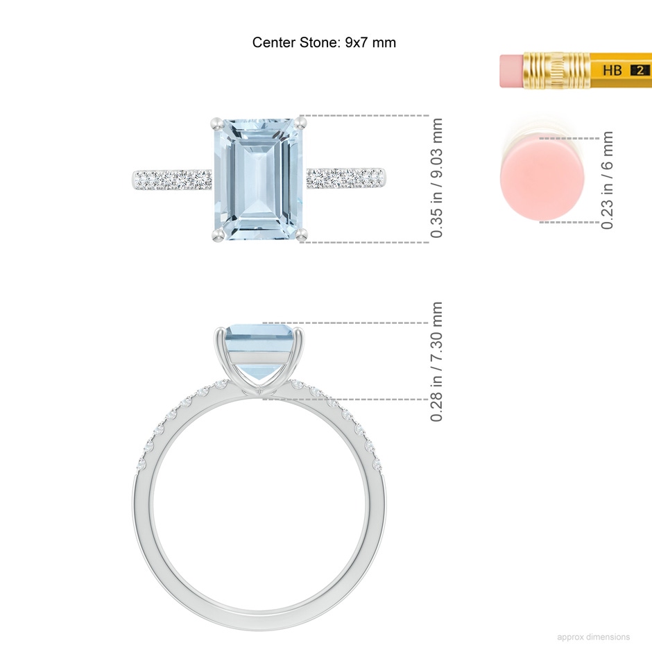 9x7mm A Emerald-Cut Aquamarine Engagement Ring with Diamonds in White Gold ruler