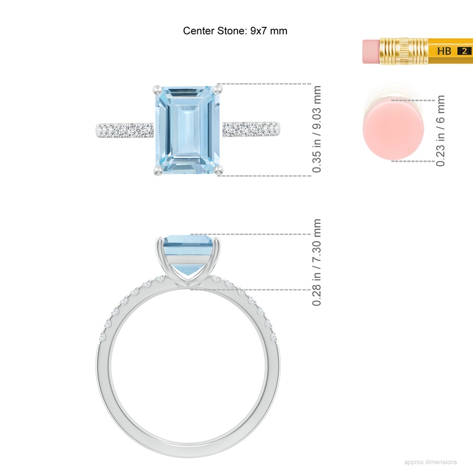 9x7mm AA Emerald-Cut Aquamarine Engagement Ring with Diamonds in 18K White Gold ruler
