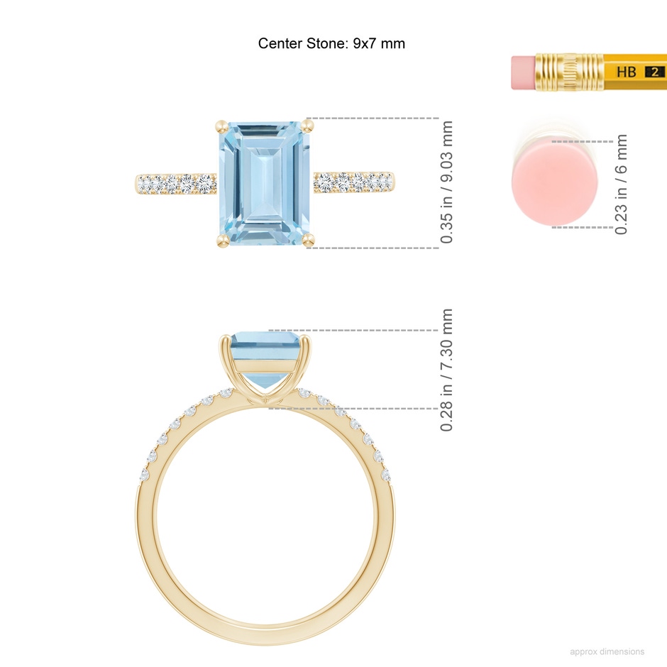 9x7mm AA Emerald-Cut Aquamarine Engagement Ring with Diamonds in 18K Yellow Gold ruler