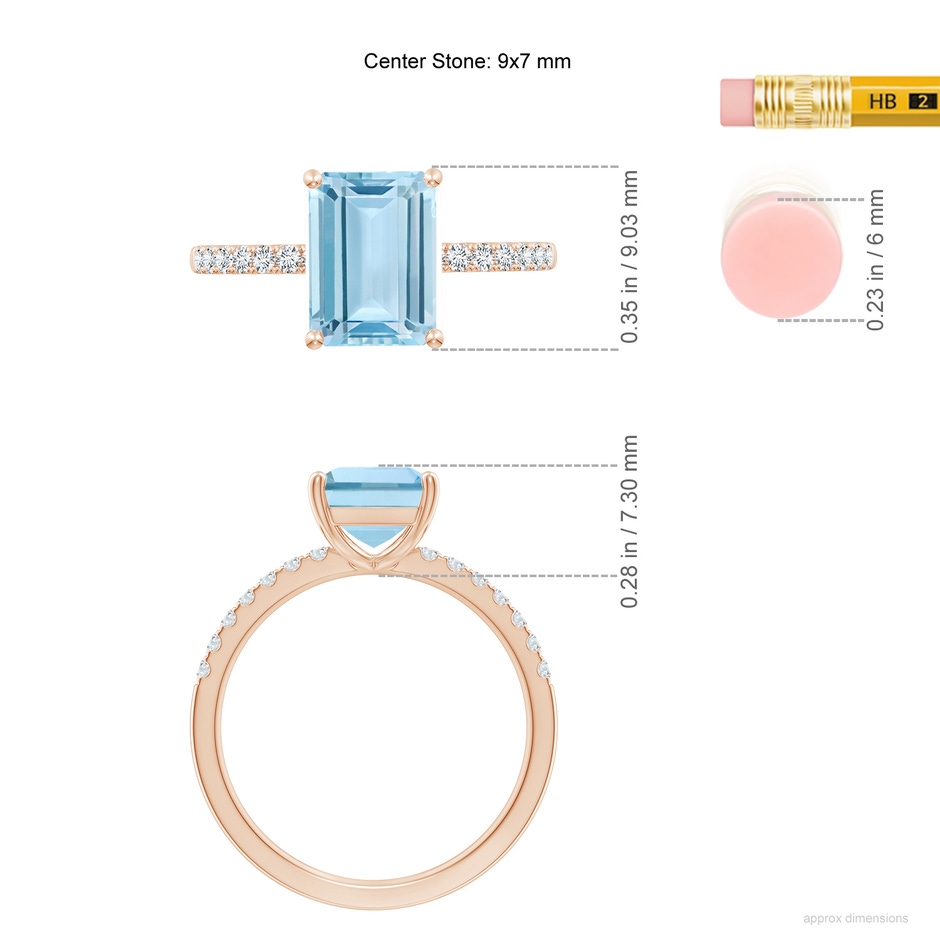 9x7mm AAA Emerald-Cut Aquamarine Engagement Ring with Diamonds in Rose Gold ruler