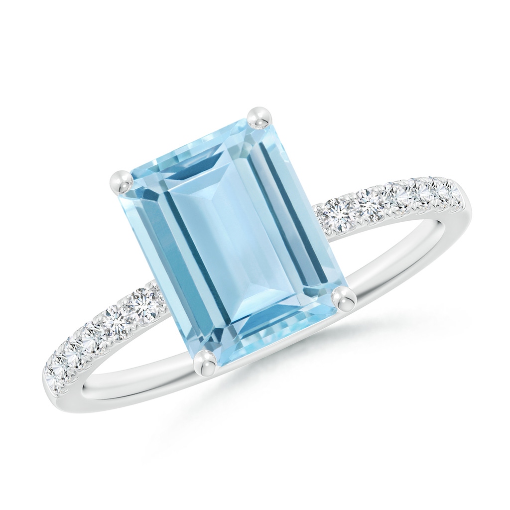 9x7mm AAA Emerald-Cut Aquamarine Engagement Ring with Diamonds in White Gold