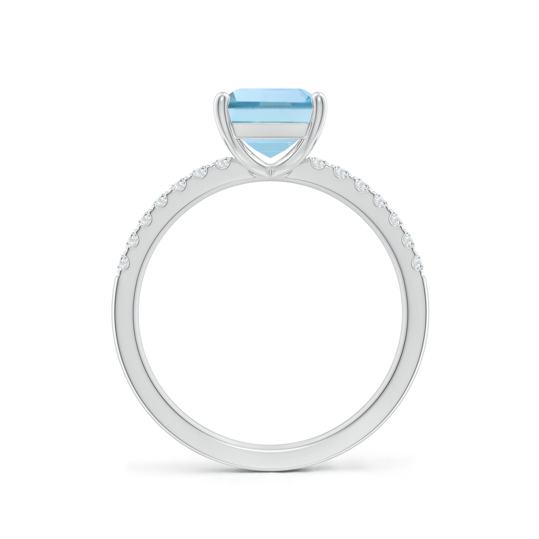 9x7mm AAA Emerald-Cut Aquamarine Engagement Ring with Diamonds in White Gold - side 2