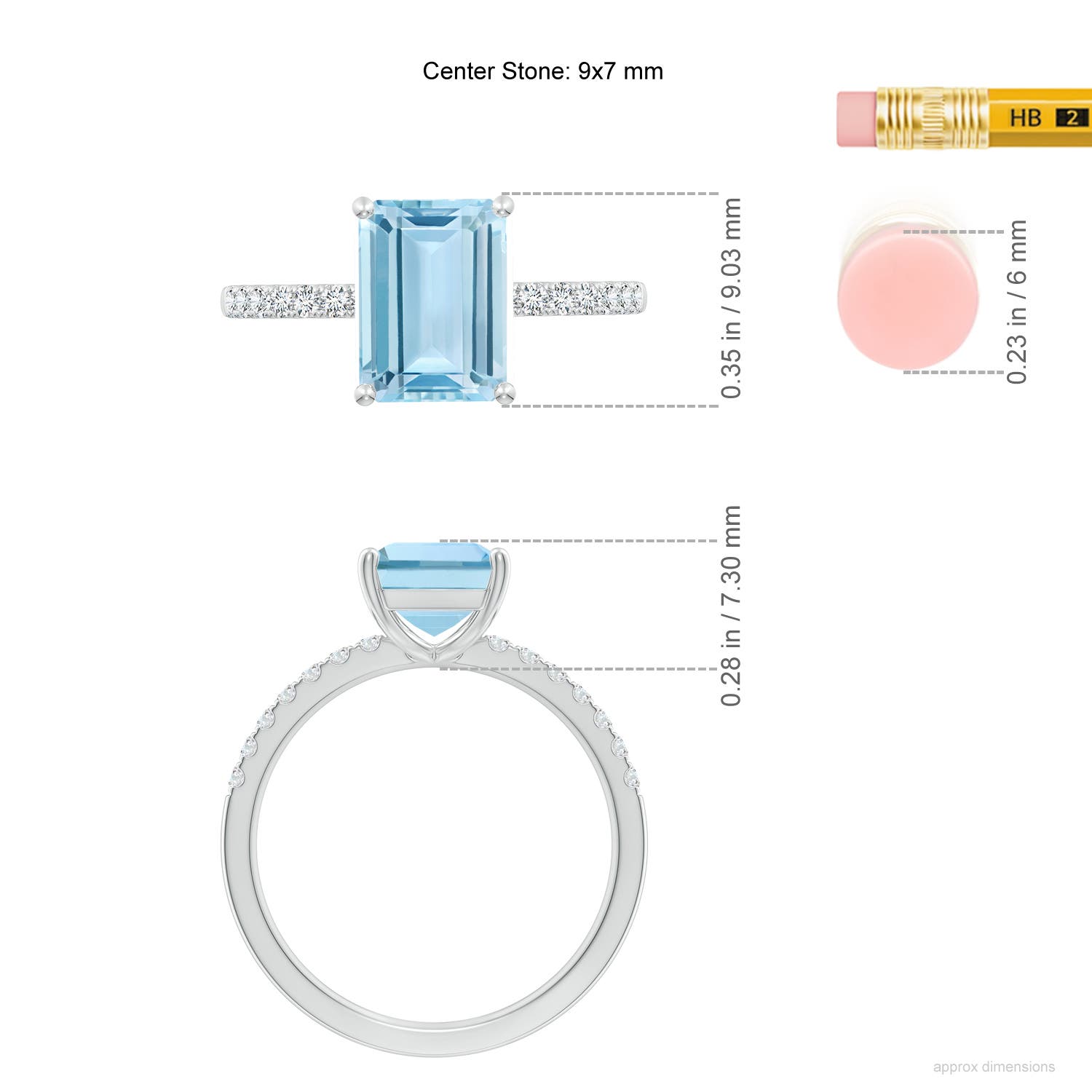 9x7mm AAA Emerald-Cut Aquamarine Engagement Ring with Diamonds in White Gold - ruler