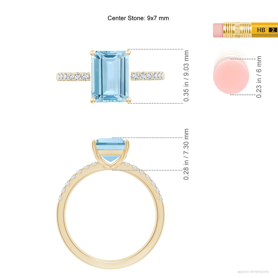9x7mm AAA Emerald-Cut Aquamarine Engagement Ring with Diamonds in Yellow Gold ruler