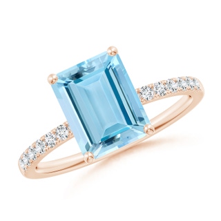 9x7mm AAAA Emerald-Cut Aquamarine Engagement Ring with Diamonds in 18K Rose Gold