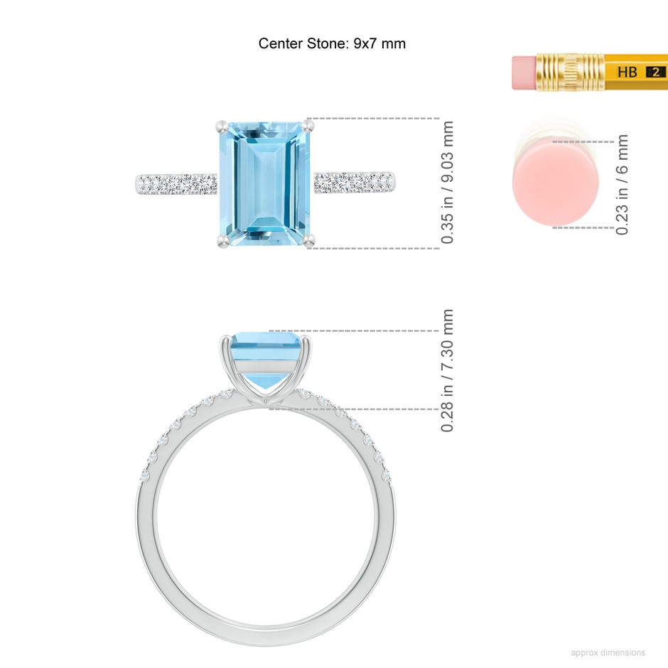 9x7mm AAAA Emerald-Cut Aquamarine Engagement Ring with Diamonds in 18K White Gold ruler