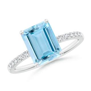 9x7mm AAAA Emerald-Cut Aquamarine Engagement Ring with Diamonds in P950 Platinum