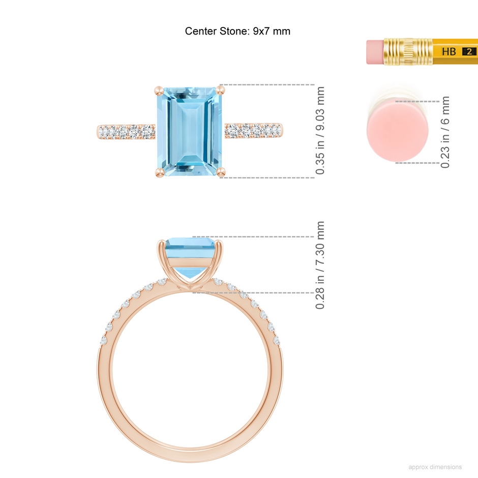 9x7mm AAAA Emerald-Cut Aquamarine Engagement Ring with Diamonds in Rose Gold ruler