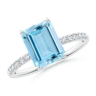 9x7mm AAAA Emerald-Cut Aquamarine Engagement Ring with Diamonds in White Gold