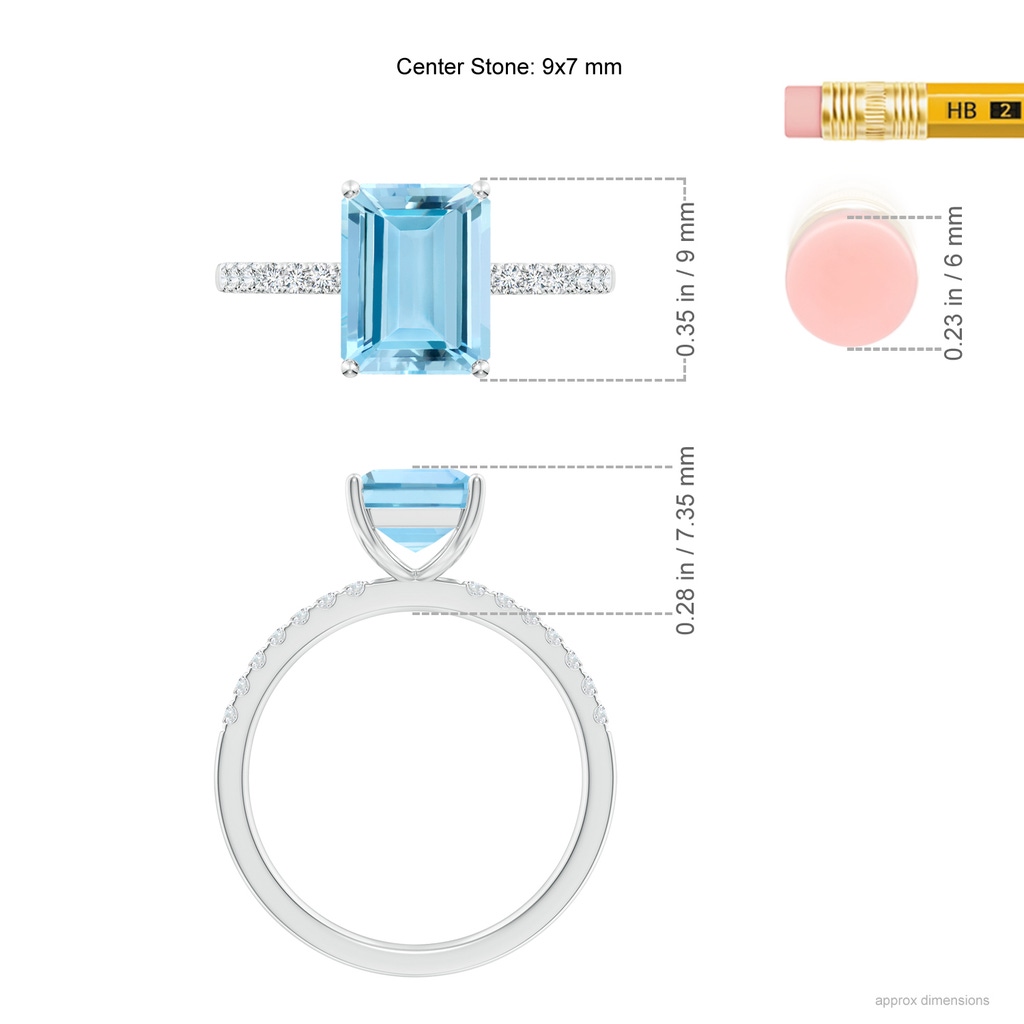9x7mm AAAA Emerald-Cut Aquamarine Engagement Ring with Diamonds in White Gold Ruler