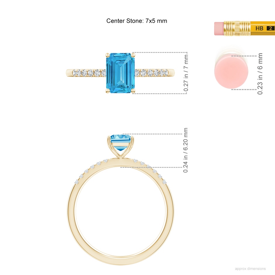 7x5mm AAAA Emerald-Cut Fancy Intense Blue Diamond Engagement Ring in Yellow Gold ruler