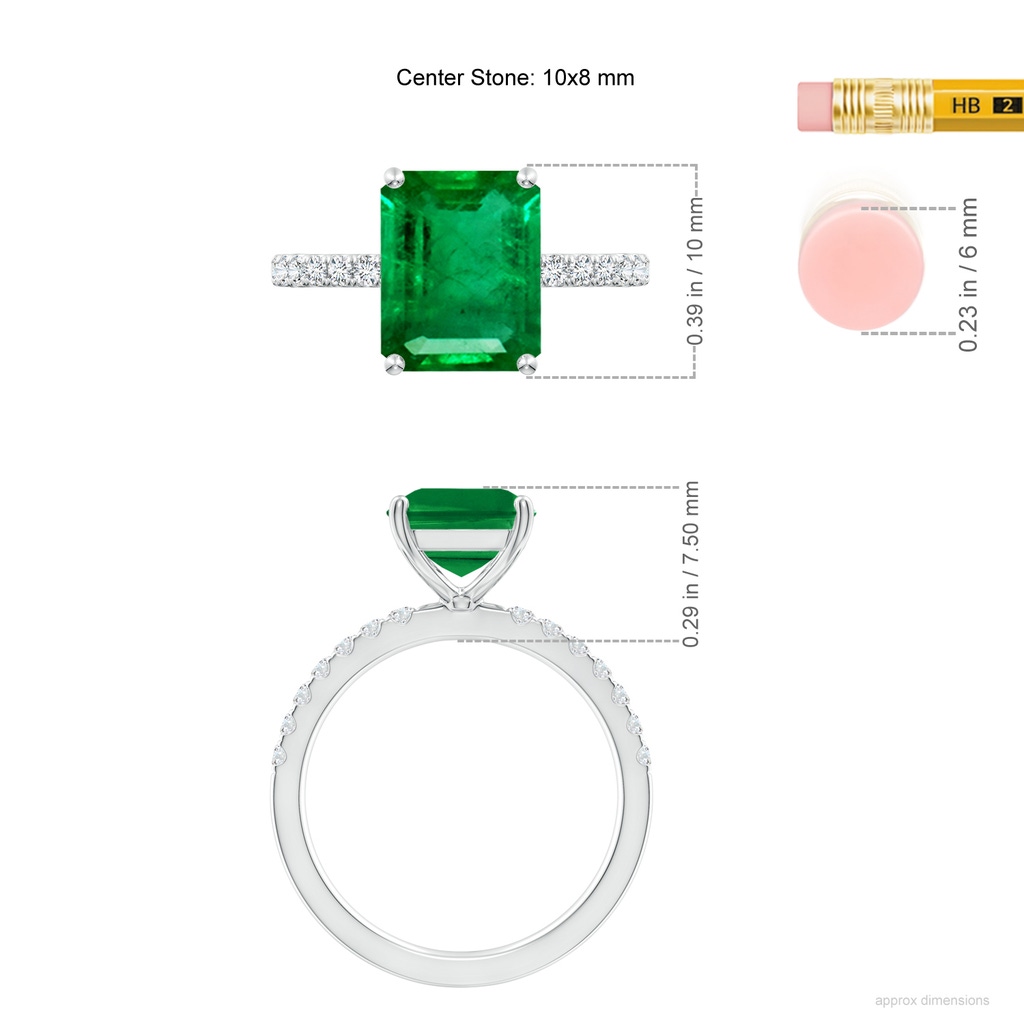 10x8mm AAA Emerald-Cut Emerald Engagement Ring with Diamonds in White Gold ruler
