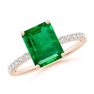 9x7mm AAA Emerald-Cut Emerald Engagement Ring with Diamonds in 18K Rose Gold