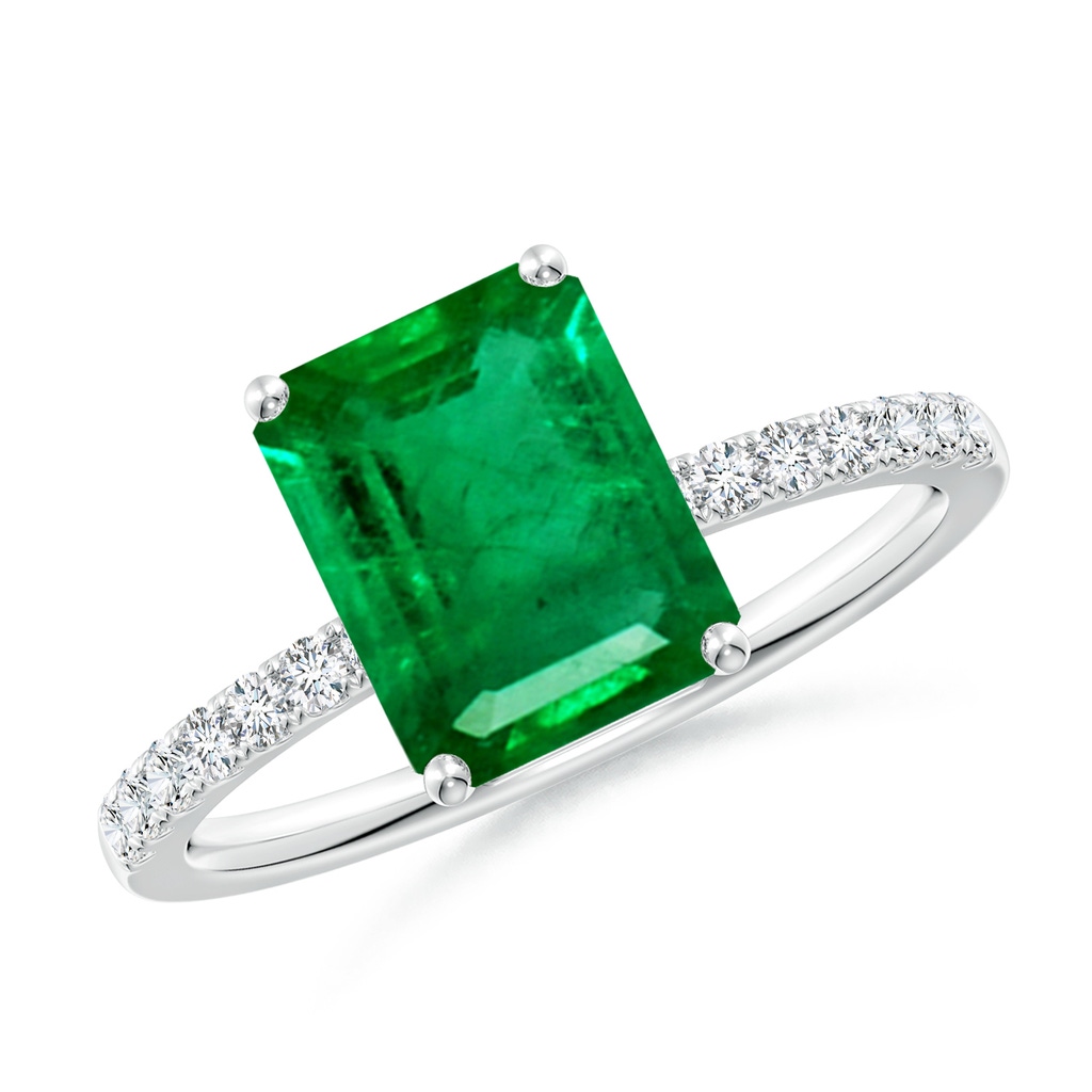 9x7mm AAA Emerald-Cut Emerald Engagement Ring with Diamonds in White Gold