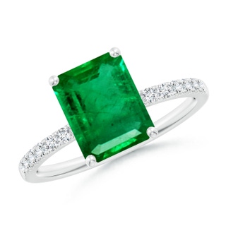 9x7mm AAA Emerald-Cut Emerald Engagement Ring with Diamonds in White Gold