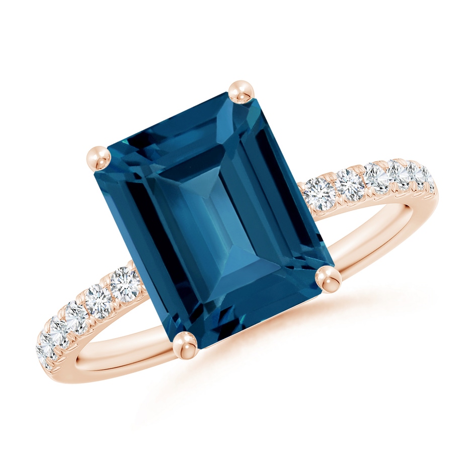 10x8mm AAA Emerald-Cut London Blue Topaz Engagement Ring with Diamonds in Rose Gold 