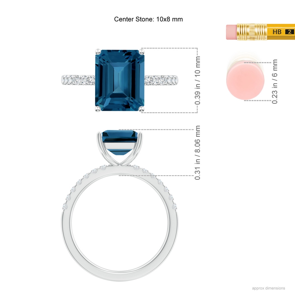 10x8mm AAA Emerald-Cut London Blue Topaz Engagement Ring with Diamonds in White Gold Ruler
