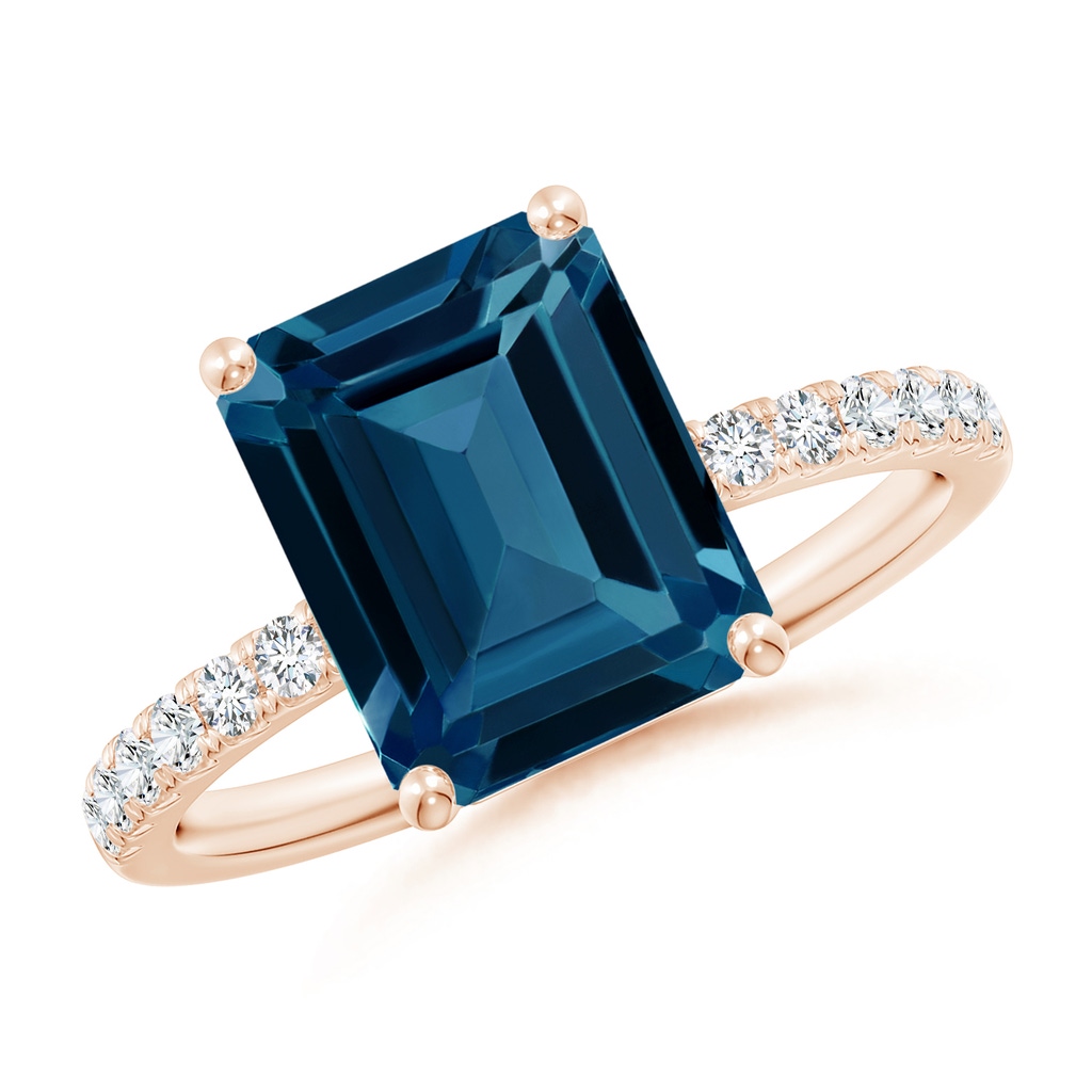 10x8mm AAAA Emerald-Cut London Blue Topaz Engagement Ring with Diamonds in Rose Gold