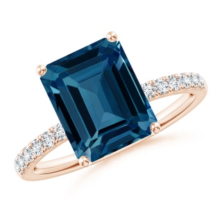 10x8mm AAAA Emerald-Cut London Blue Topaz Engagement Ring with Diamonds in Rose Gold