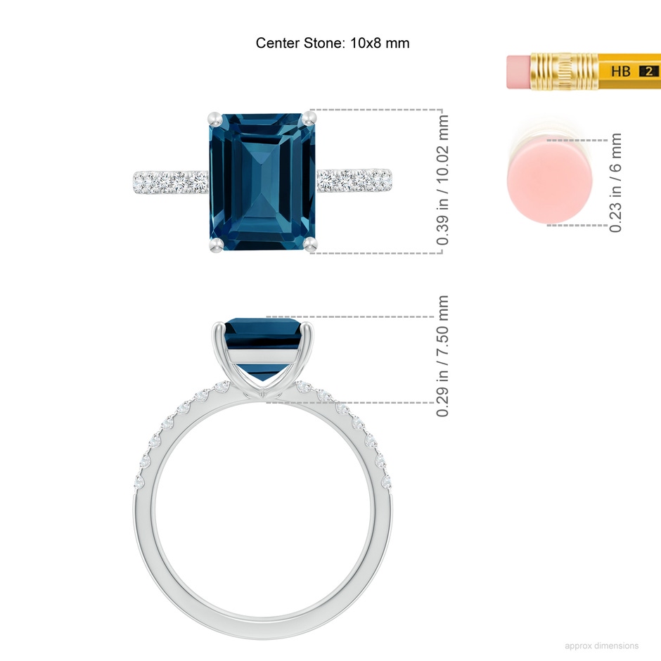 10x8mm AAAA Emerald-Cut London Blue Topaz Engagement Ring with Diamonds in White Gold ruler