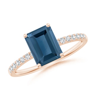 8x6mm A Emerald-Cut London Blue Topaz Engagement Ring with Diamonds in Rose Gold