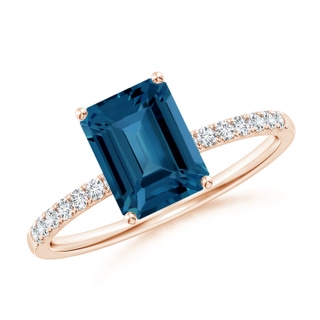 8x6mm AAA Emerald-Cut London Blue Topaz Engagement Ring with Diamonds in 9K Rose Gold