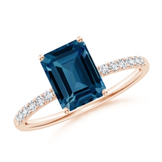 8x6mm AAAA Emerald-Cut London Blue Topaz Engagement Ring with Diamonds in 9K Rose Gold