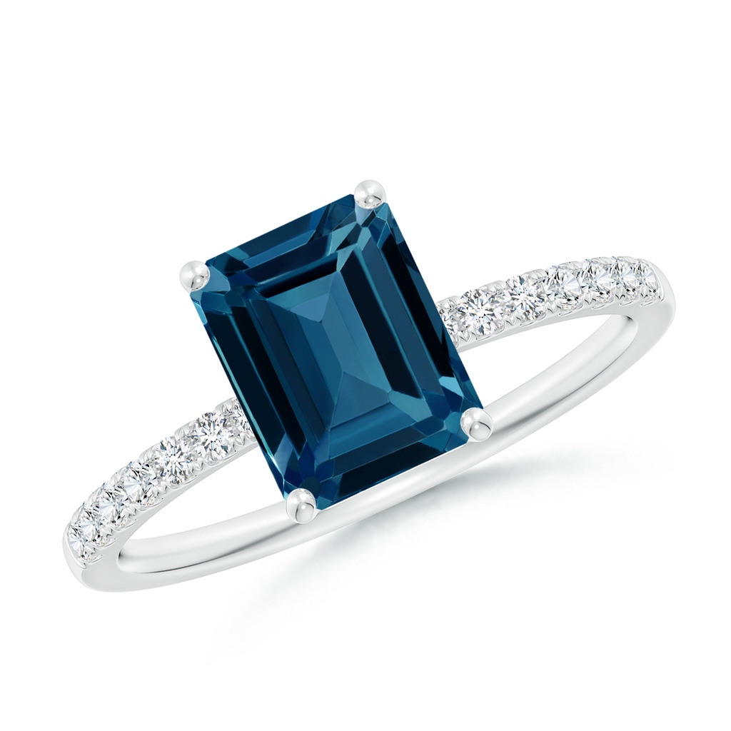 8x6mm AAAA Emerald-Cut London Blue Topaz Engagement Ring with Diamonds in White Gold